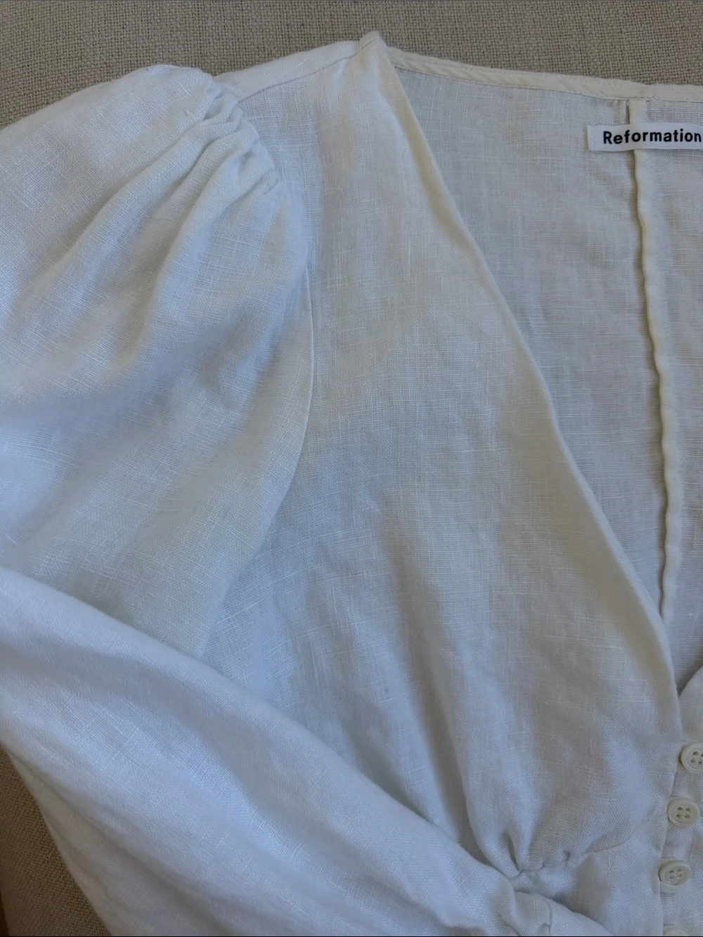 Reformation White 100% Linen Cinched Button Front Blouse Size 0